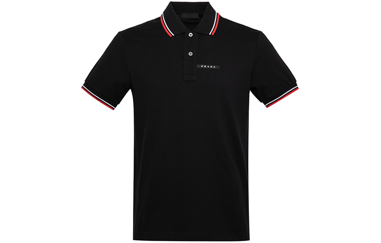 PRADA Black Short-Sleeve Polo Shirt with Logo Stripe Collar SJN256-322-F0AA9