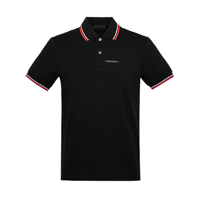PRADA Black Short-Sleeve Polo Shirt with Logo Stripe Collar SJN256-322-F0AA9