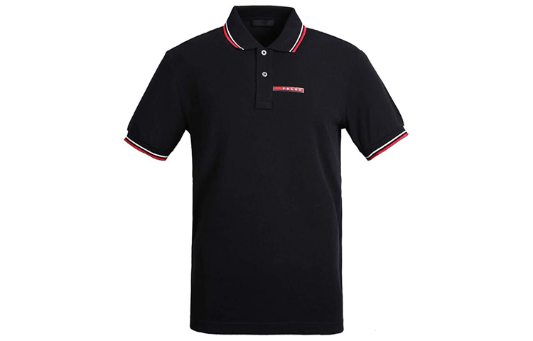 PRADA Black Short Sleeve Polo with Striped Trim SJJ887-322-F0AA9