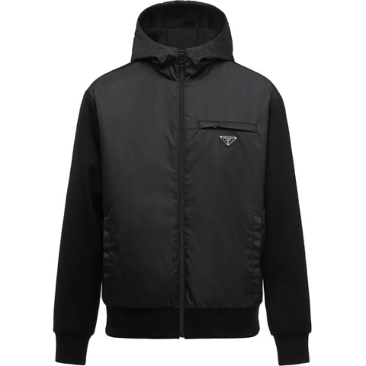 Prada Black Solid Color Logo Patch Hooded Jacket UJL142-S202-1R4HF-0-806