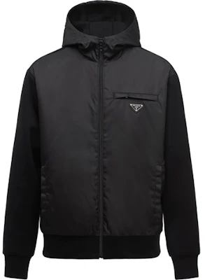 Prada Black Solid Color Logo Patch Hooded Jacket UJL142-S202-1R4HF-0-806 Order Prada Black Solid Color Logo Patch Hooded Jacket UJL142-S202-1R4HF-0-806