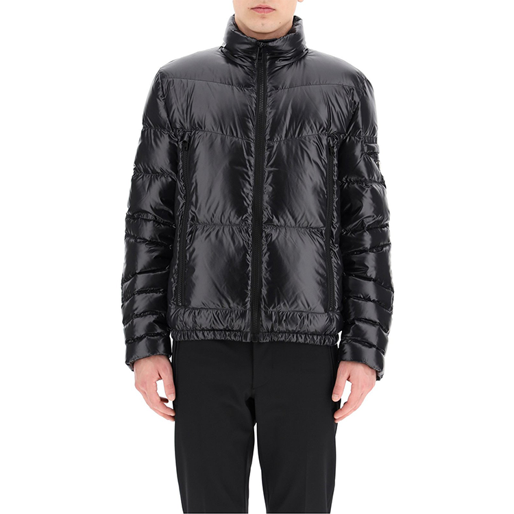 Shop PRADA Black Solid Color Zip-Up Down Jacket with Stand Collar. SGB531-1IE0-F0803