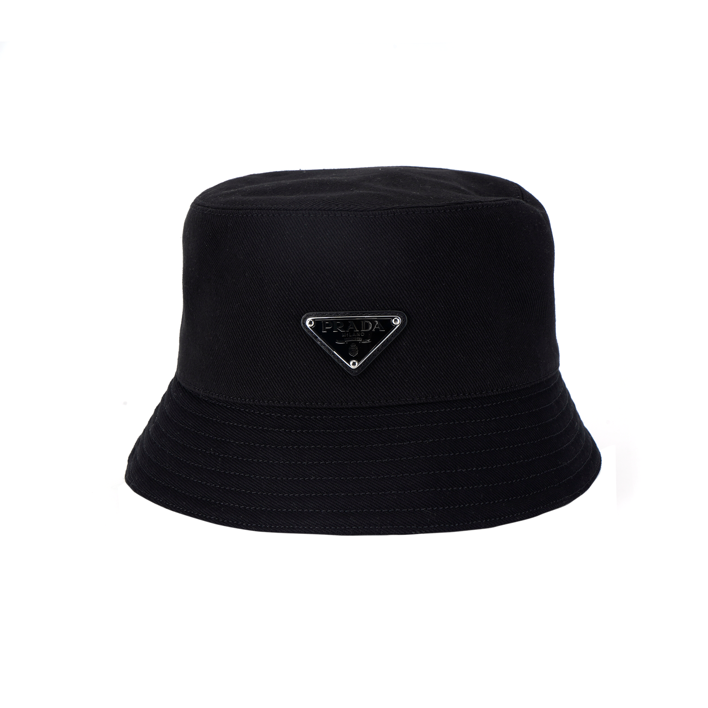 PRADA Black Twill Fabric Triangle Logo Bucket Hat for Men. 2HC137-2DXI-F0002