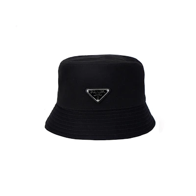 PRADA Black Twill Fabric Triangle Logo Bucket Hat for Men. 2HC137-2DXI-F0002