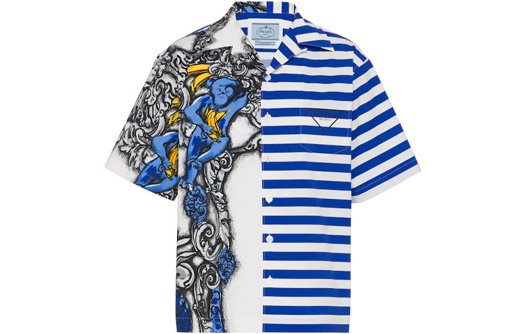 PRADA Blue Cartoon Print Striped Short Sleeve UV Protection Shirt UCS406-1ZTG-F0424-S-212