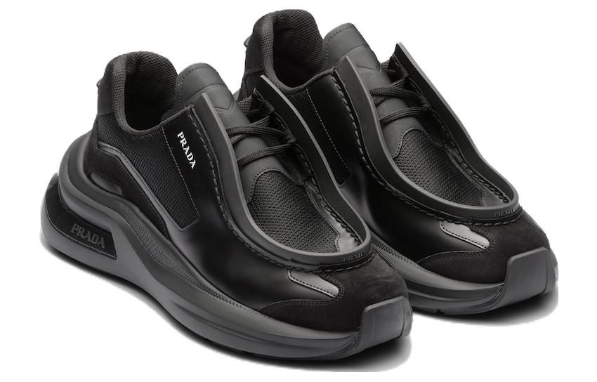 Prada Brushed Leather Sneakers Bike Fabric Suede Black 圖 3