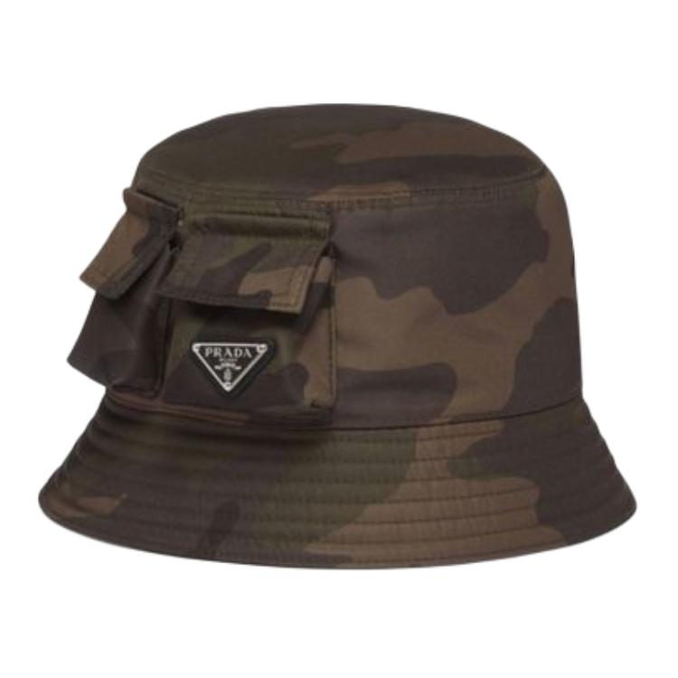 Lookbook PRADA Camouflage Leather Bucket Hat Green for Men. 105373237