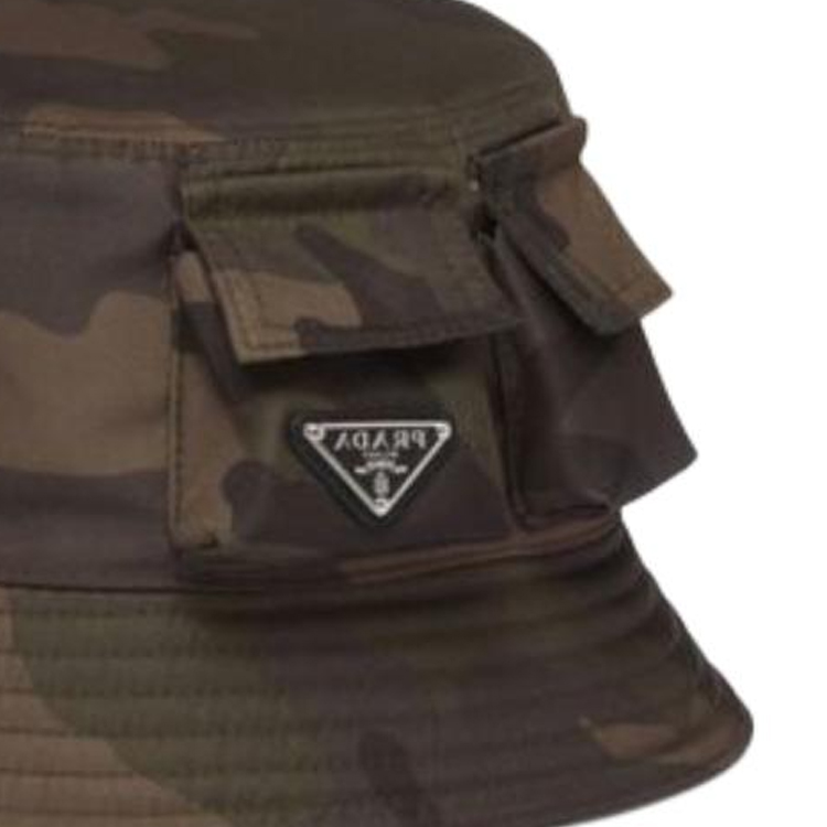 Shop PRADA Camouflage Leather Bucket Hat Green for Men. 105373237