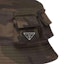 Shop PRADA Camouflage Leather Bucket Hat Green for Men. 105373237