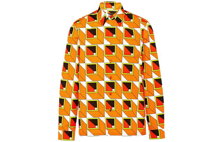 PRADA Colorblock Geometric Print Button-Up Long Sleeve Sun Shirt UCN314-1XVF-F0049-S-202
