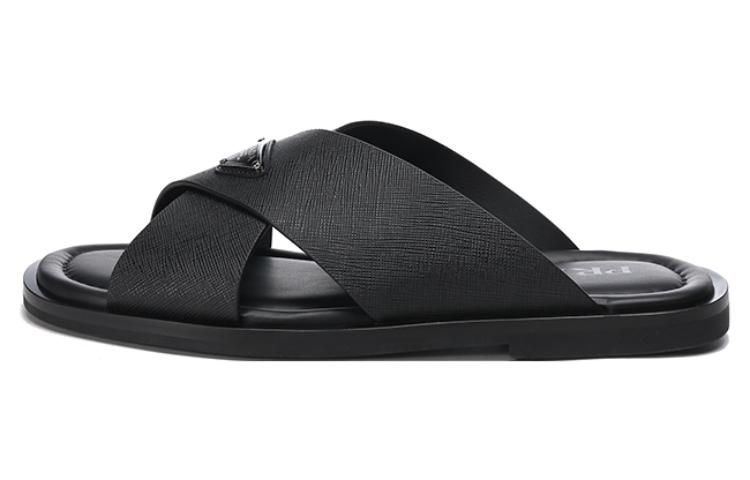Prada Cross-Strap Leather Slides 'Black'