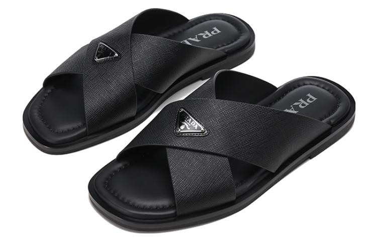 Prada Cross-Strap Leather Slides 'Black' 圖 3
