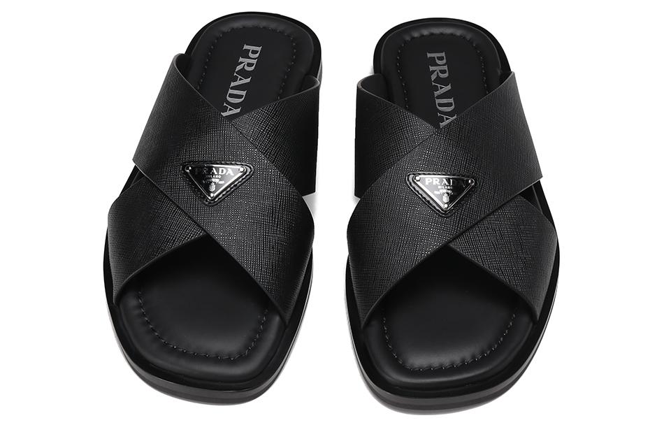 Prada Cross-Strap Leather Slides 'Black' 圖 4