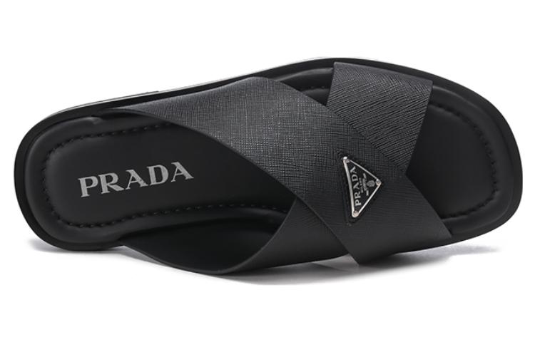Prada Cross-Strap Leather Slides 'Black' 圖 5