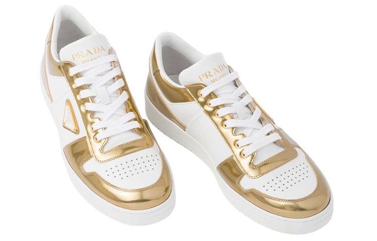 Shop 프라다 다운타운 골드 로고 스니커즈 (Prada Downtown Gold Logo Sneakers) 2EE364_3LL2_F056X