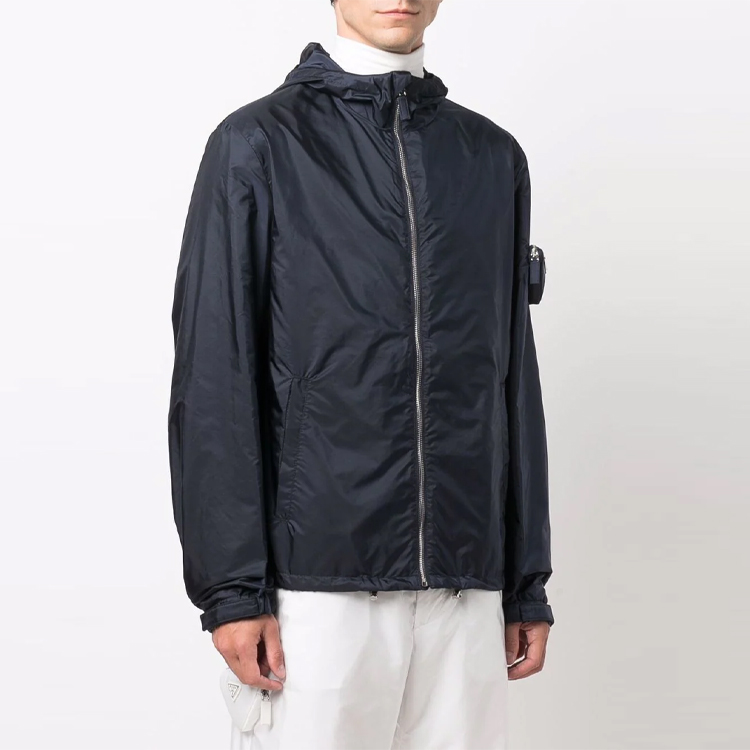 Shop PRADA FW21  Nylon Hooded Jacket with Triangular Logo in Navy Blue. SGB909-S212-1WQ9-F0124