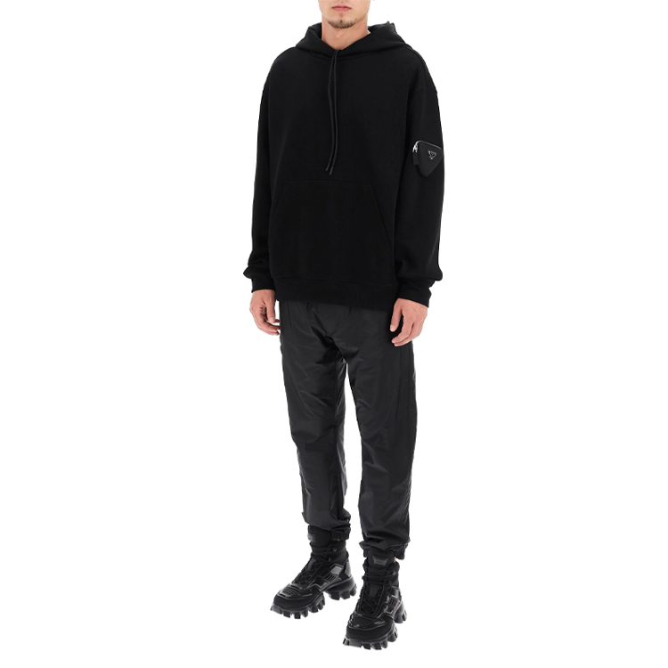 Purchase Prada FW21 Black Hoodie with Mini Triangle Pouch UJL193-1YFJ-F0806-S-212