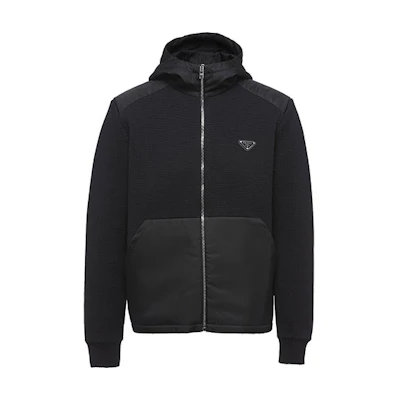PRADA FW21 Black Logo Patch Zip-Up Hooded Jacket. UMG060-S212-1PT9-F0002