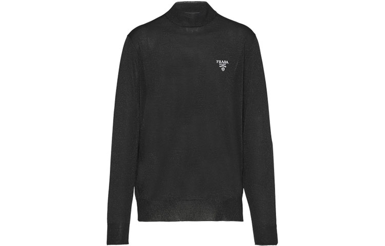 PRADA FW21 Black Silk Turtleneck Logo Long-Sleeve Sweater. UMR5071Z4Q-F0002