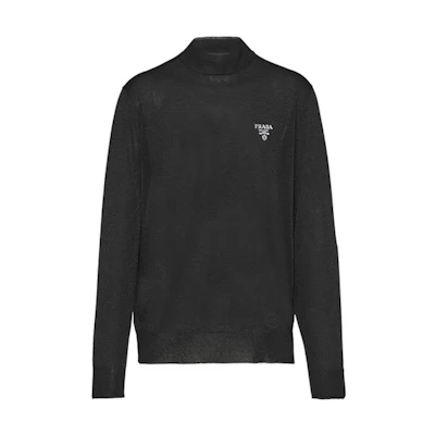 PRADA FW21 Black Silk Turtleneck Logo Long-Sleeve Sweater. UMR5071Z4Q-F0002