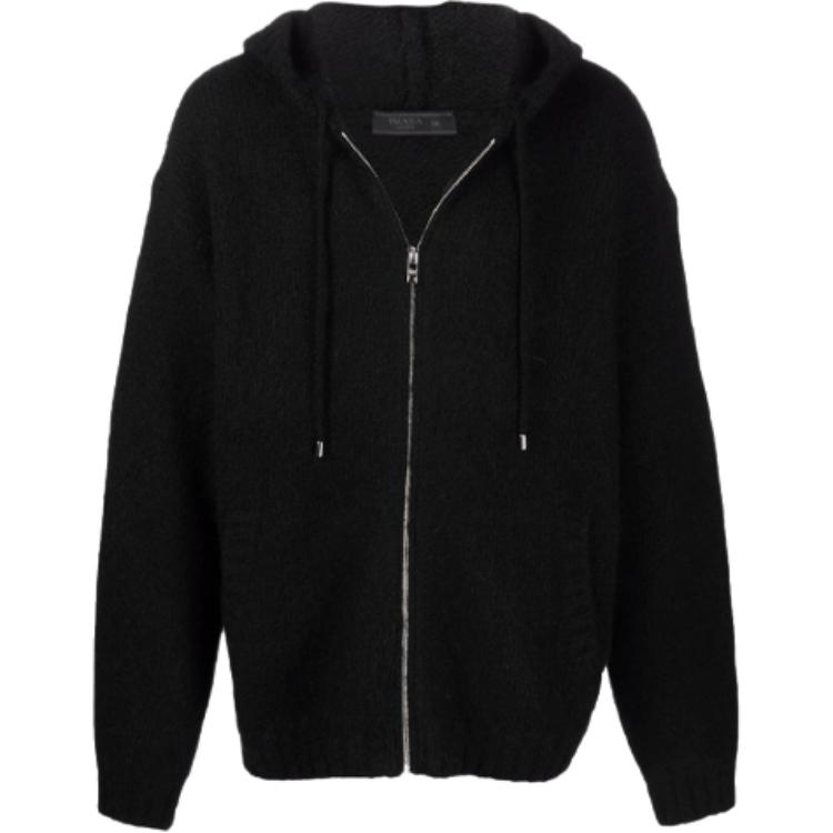 Prada FW21 Black Solid Zip Drawstring Knit Hoodie Pullover UMG064-S202-1YVWF-0-002
