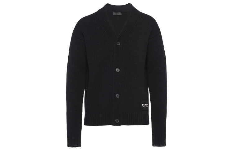 PRADA FW21 Black Wool V-Neck Logo Knit Cardigan Sweater UMG053-S211-1KVZ-F0002