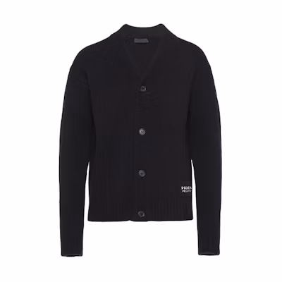PRADA FW21 Black Wool V-Neck Logo Knit Cardigan Sweater UMG053-S211-1KVZ-F0002