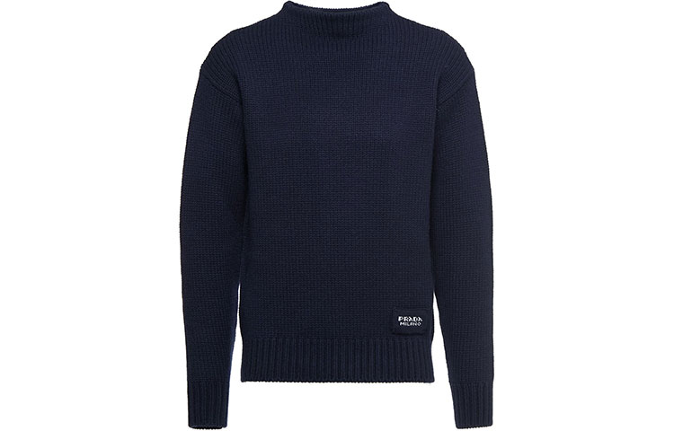 PRADA FW21 Logo Patch Off-Shoulder Sweater Blue UMB198-S211-1KVZ-F0008