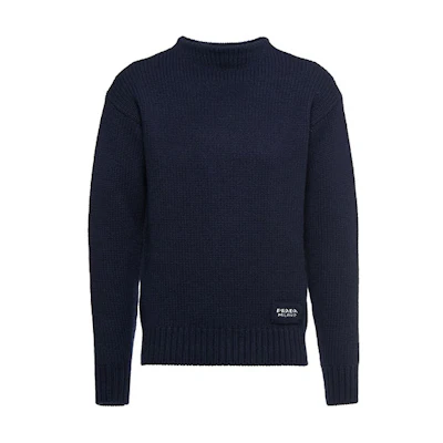 PRADA FW21 Logo Patch Off-Shoulder Sweater Blue UMB198-S211-1KVZ-F0008