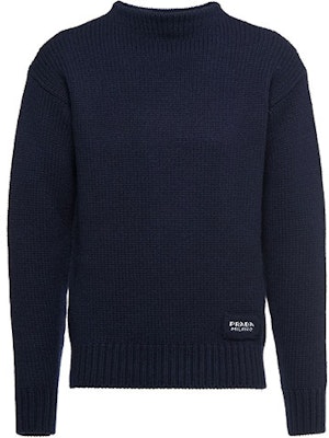 PRADA FW21 Sweater Off-Shoulder Logo Patch Biru UMB198-S211-1KVZ-F0008 Order PRADA FW21 Sweater Off-Shoulder Logo Patch Biru UMB198-S211-1KVZ-F0008