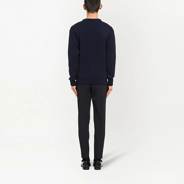 Shop PRADA FW21 Sweater Off-Shoulder Logo Patch Biru UMB198-S211-1KVZ-F0008