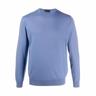 PRADA FW21 Men’s Solid Blue Wool Long-Sleeve Crewneck Sweater. UMM984C5W-F0154