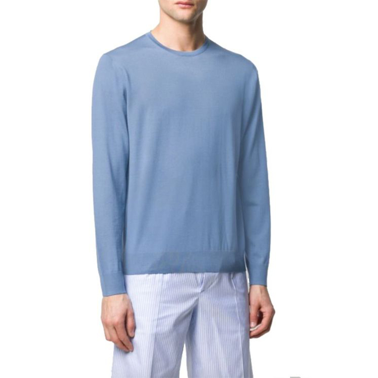 Lookbook PRADA FW21 Sweater Pria Wol Biru Solid Lengan Panjang Crewneck. UMM984C5W-F0154