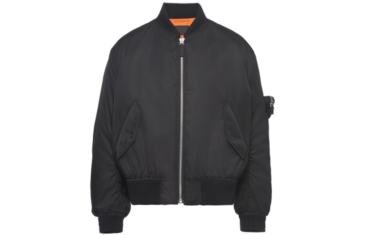 Prada FW21 Re-Nylon Logo Patch Bomber Jacket Black SGB903-1WQ8-F0002-S-212