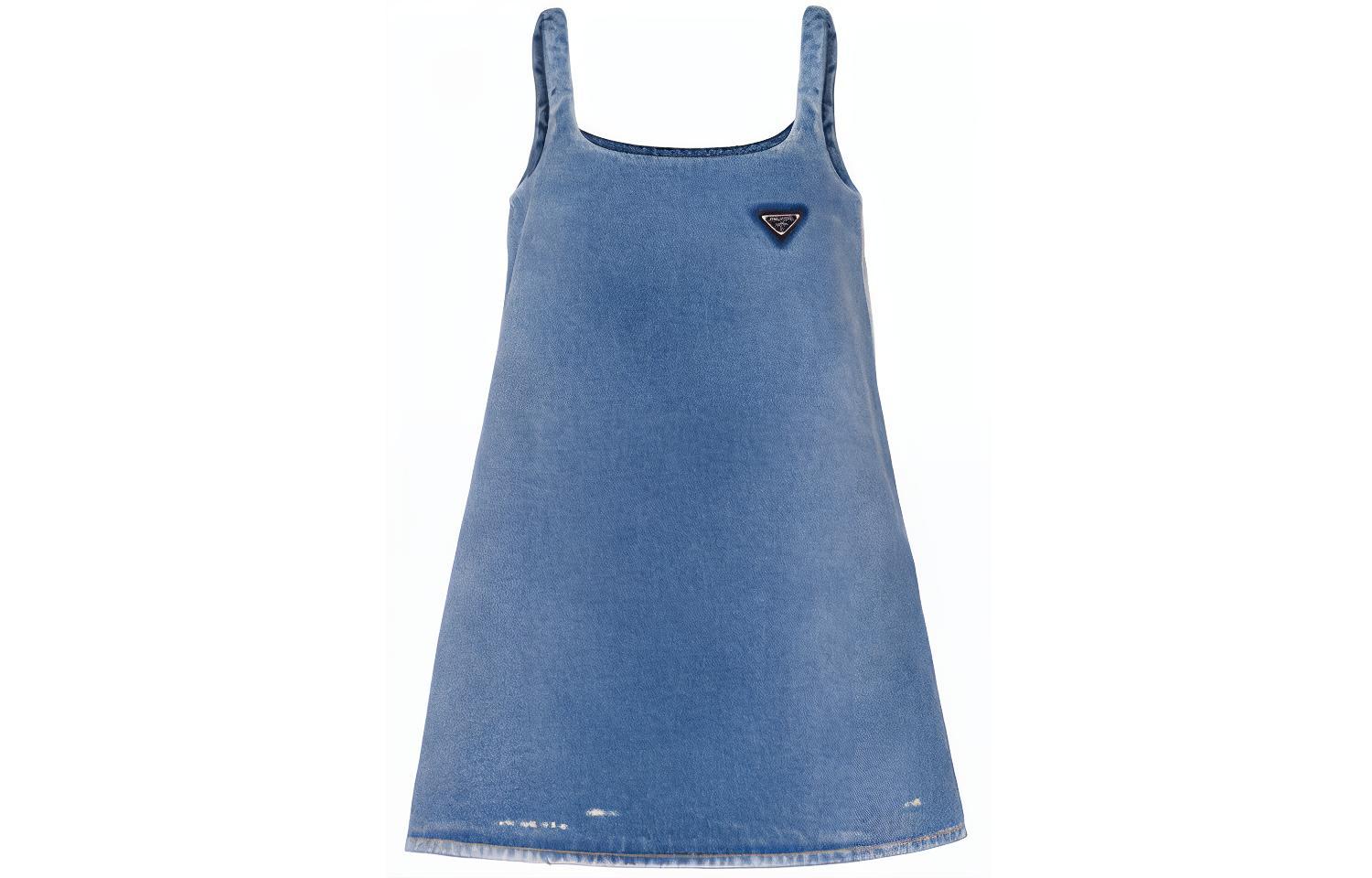 PRADA FW21 Solid Logo Denim A-Line Strap Dress Blue GFA122-1ZAB-F0008-S-212