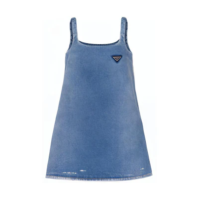 PRADA FW21 Solid Logo Denim A-Line Strap Dress Blue GFA122-1ZAB-F0008-S-212
