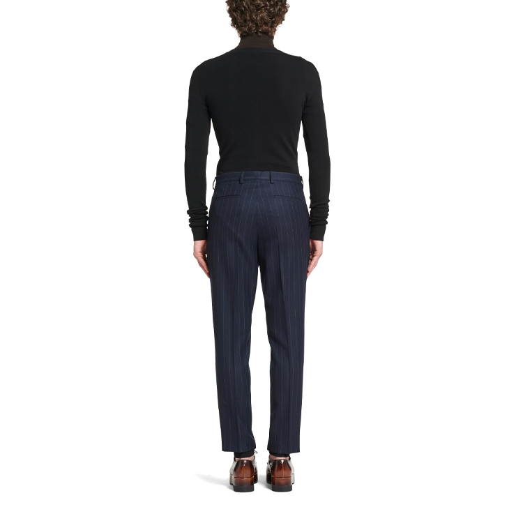 Shop PRADA FW21 Striped Wool Relaxed Fit Trousers in Navy. UP0147-1ZCX-F0008-S-212