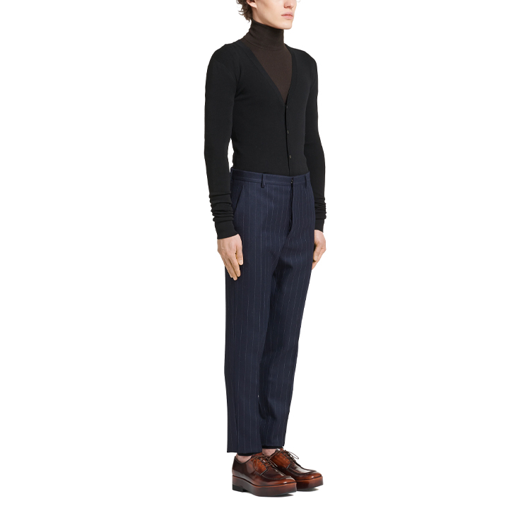 Purchase PRADA FW21 Striped Wool Relaxed Fit Trousers in Navy. UP0147-1ZCX-F0008-S-212