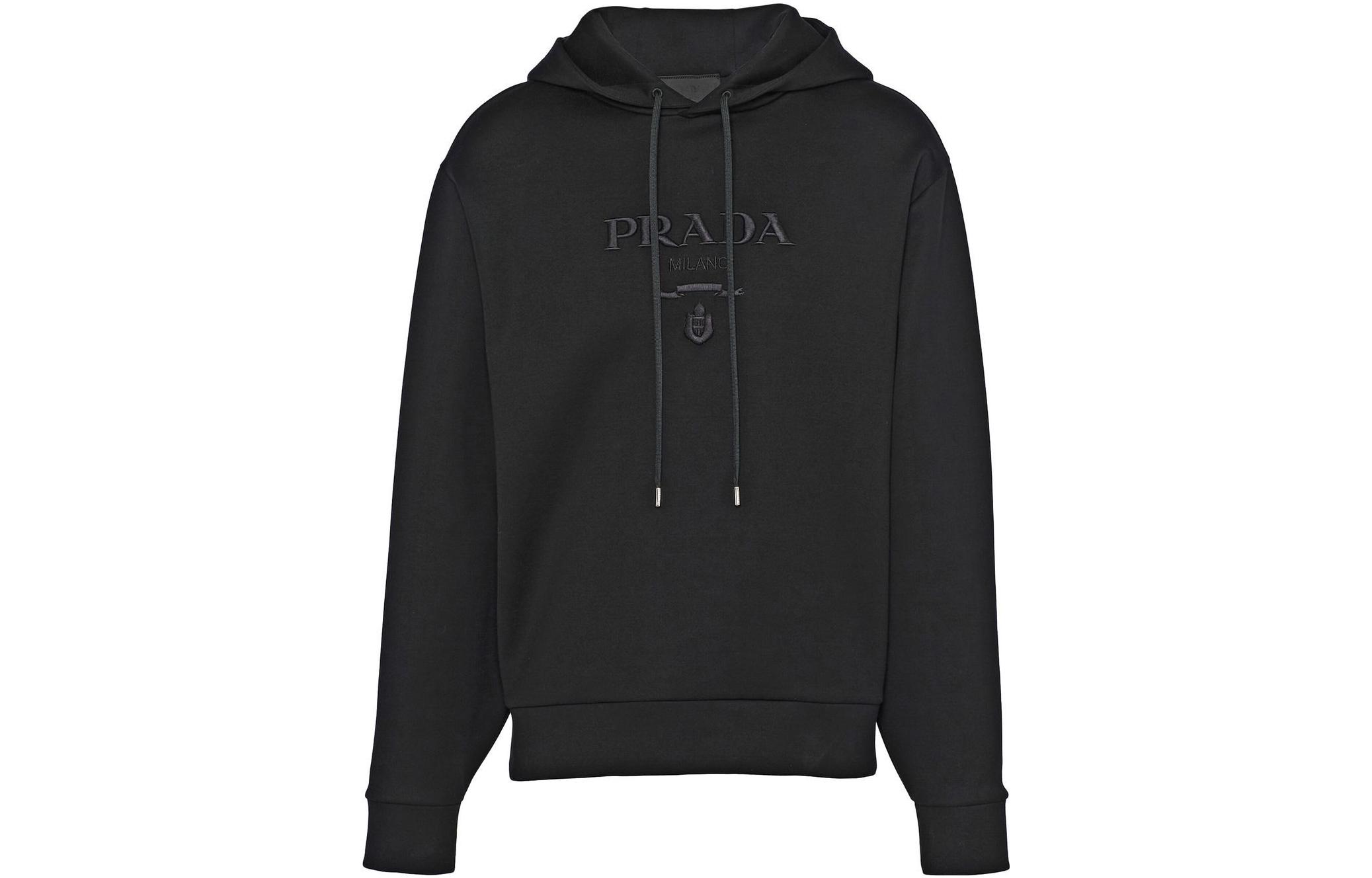 PRADA FW22  Black Embroidered Logo Oversized Drawstring Hoodie. UJL34AS22211B3-F0806