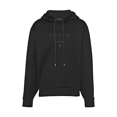 PRADA FW22 Black Embroidered Logo Oversized Drawstring Hoodie. UJL34AS22211B3-F0806