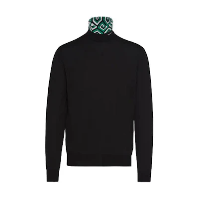PRADA FW22 Black Geometric Print Turtleneck Wool Sweater. UMR534-11QV-F0002-S-222