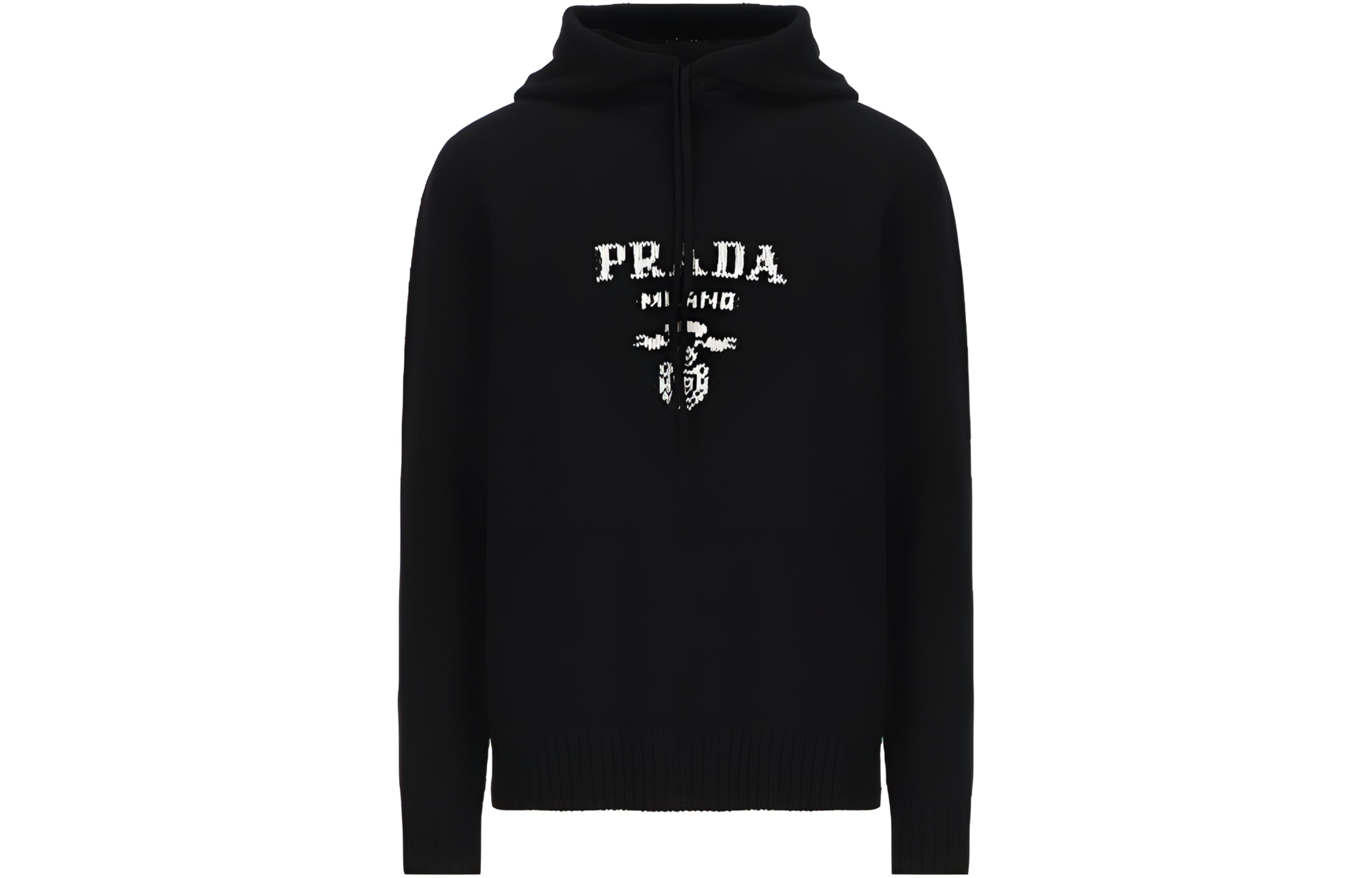 PRADA FW22  Black Knit Hoodie with Letter Logo Design. UMB316-1YMW-F0002-S-221