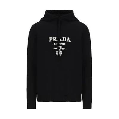 PRADA FW22 Black Knit Hoodie with Letter Logo Design. UMB316-1YMW-F0002-S-221