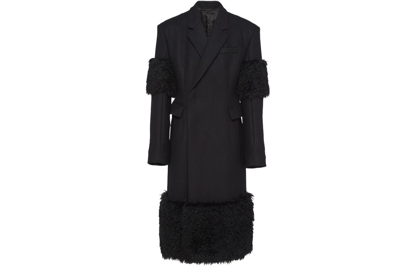 PRADA FW22  Black Long Loose-Fit Coat with Terry Trim and Single Button. UC474E-180-F0002-S-222