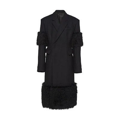 PRADA FW22 Black Long Loose-Fit Coat with Terry Trim and Single Button. UC474E-180-F0002-S-222