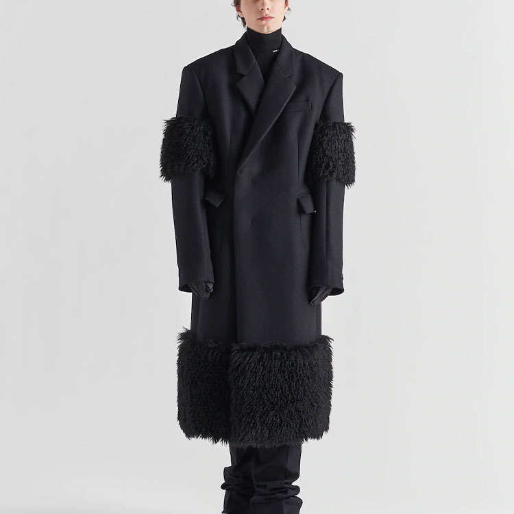 Lookbook PRADA FW22  Black Long Loose-Fit Coat with Terry Trim and Single Button. UC474E-180-F0002-S-222