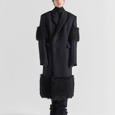 PRADA FW22 Black Long Loose-Fit Coat with Terry Trim and Single Button. UC474E-180-F0002-S-222 Lookbook PRADA FW22 Black Long Loose-Fit Coat with Terry Trim and Single Button. UC474E-180-F0002-S-222