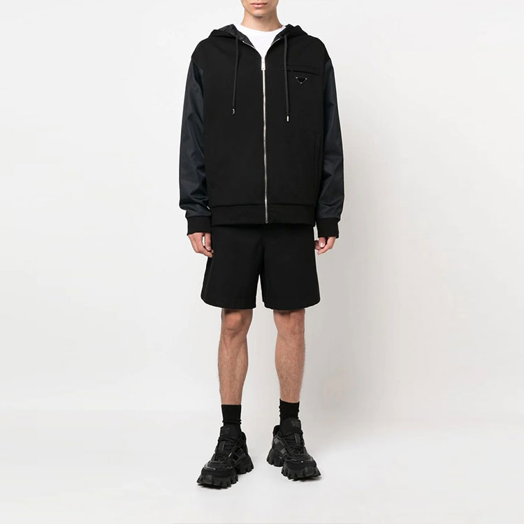 Lookbook PRADA FW22  Black Patchwork Zip-Up Hooded Jacket. UJL35A-116G-F0806-S-222