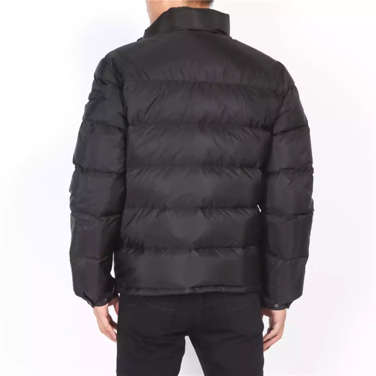Shop PRADA FW22  Black Puffer Jacket with Logo and Zip Closure. SGY091-106O-F0002