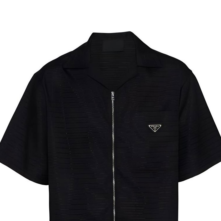 Cheap 프라다 FW22 블랙 반팔 지퍼 셔츠 칼라 디자인 SC620S22211FCF0002